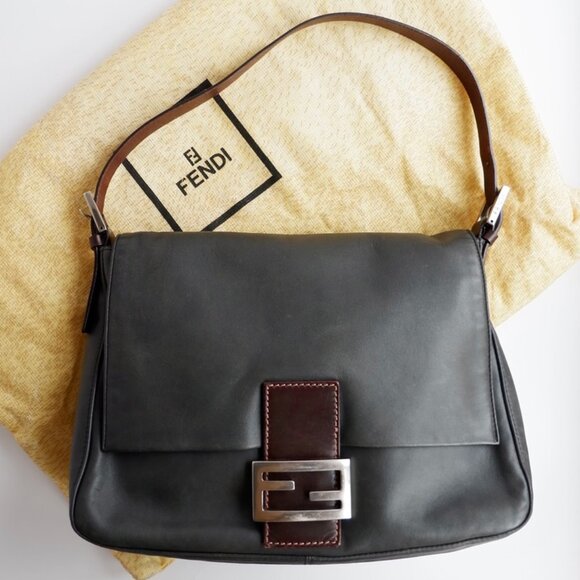 Authentic Preowned Fendi Black/Brown Leather Mamma Baguette Shoulder Bag - Picture 1 of 16